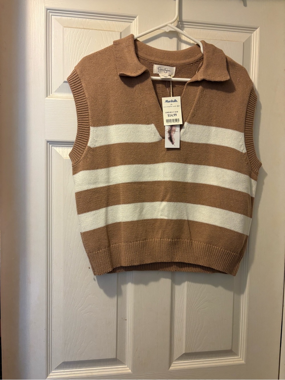 Jessica Simpson Brown & White Striped Sleeveless V-Neck Sweater Vest